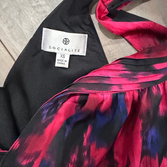 NWOT: Socialite Tiered Halter Satin Vibrant Pink and Black Mini Dress - Picture 3 of 5